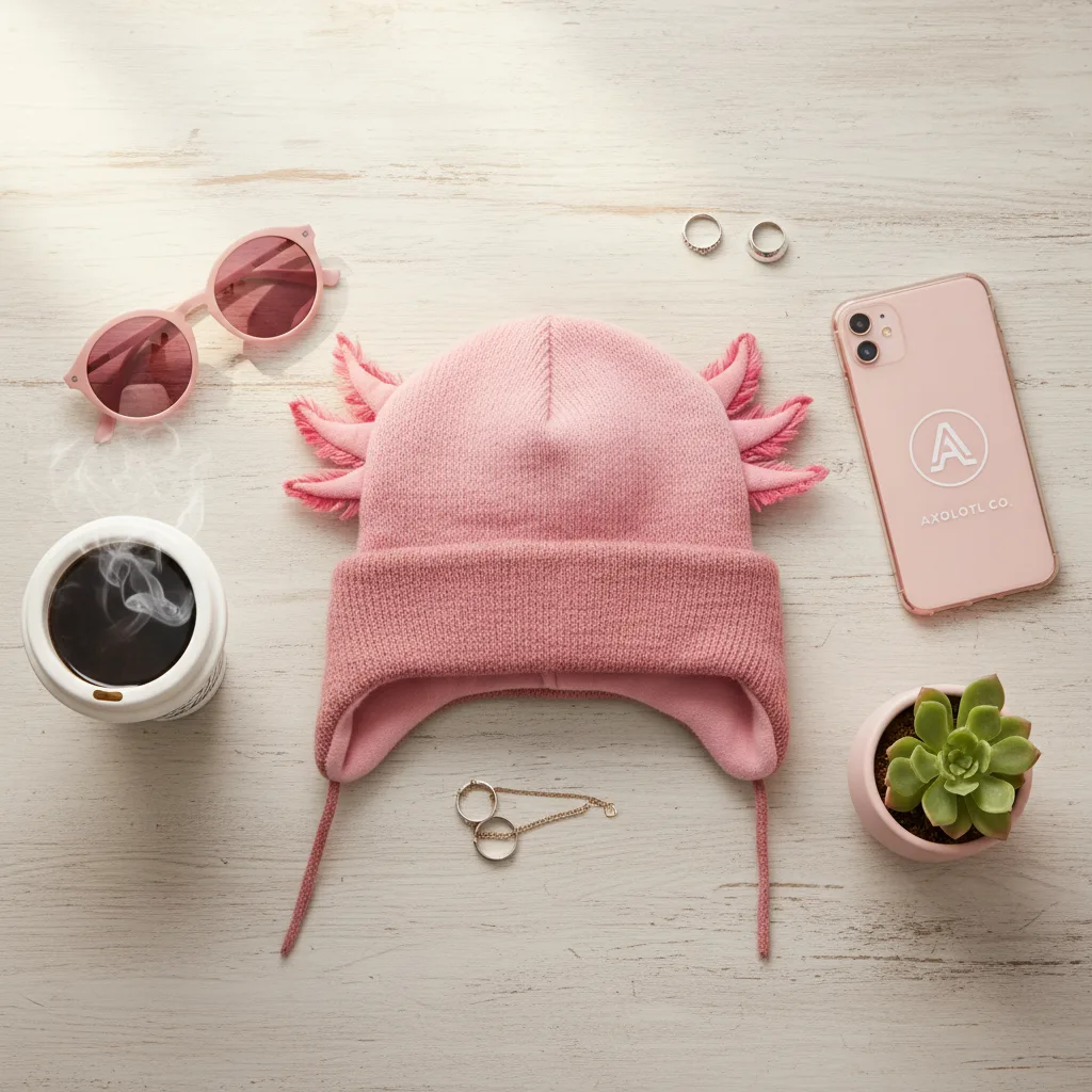 Axolotl Ear Flap Hat flat lay