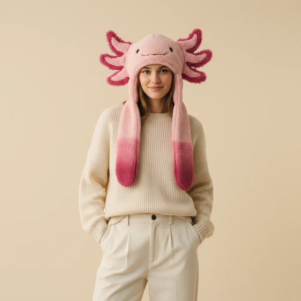 Axolotl Ear Flap Hat on model