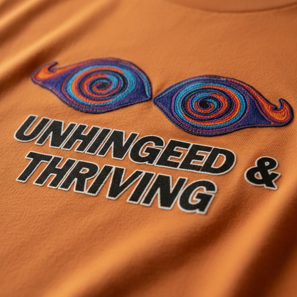 Unhinged & Thriving Tee detail close-up